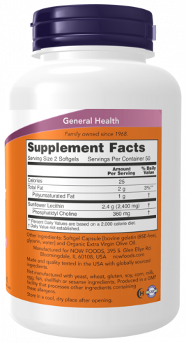 NOW Sunflower Lecithin 1200 mg, 100 капсул